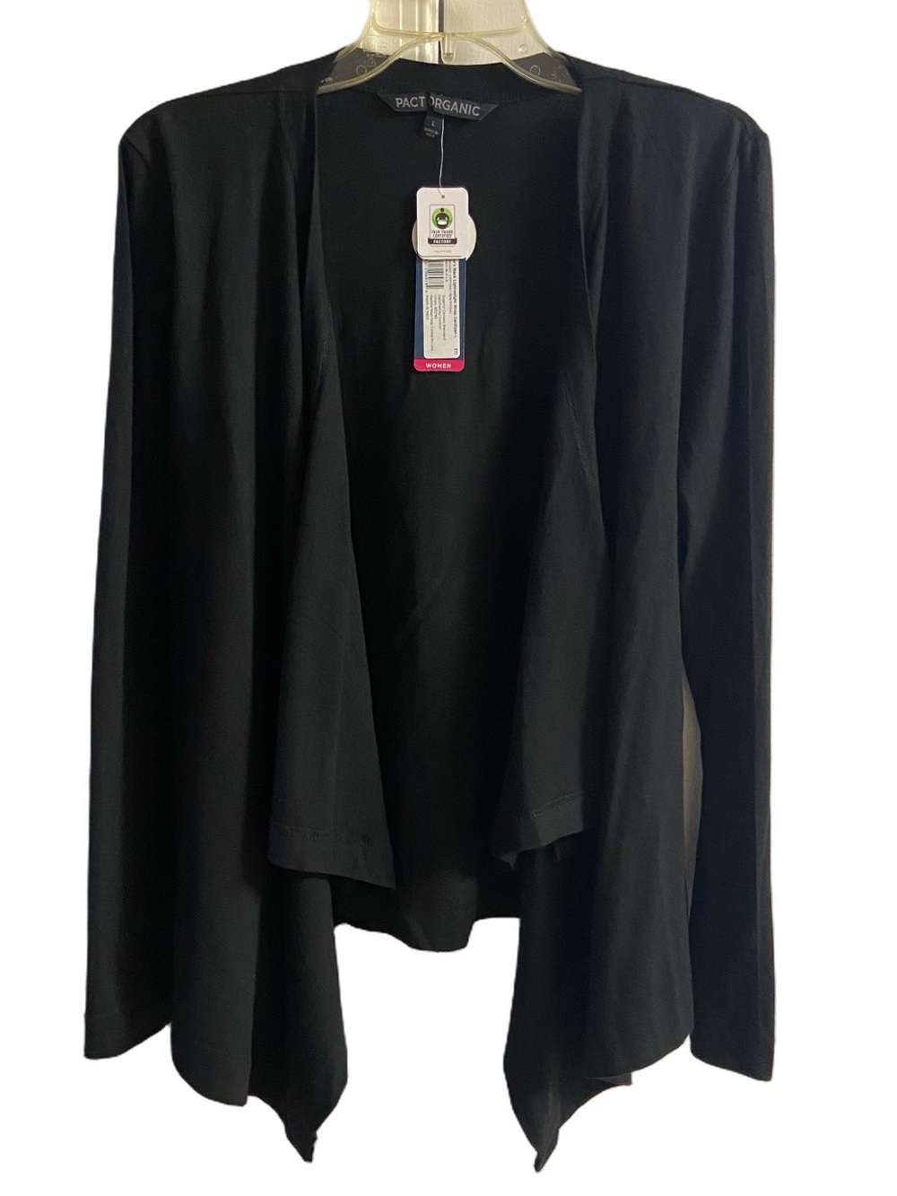 PACT Organic black open front draped Wrap cardigan long sleeve waterfall Large